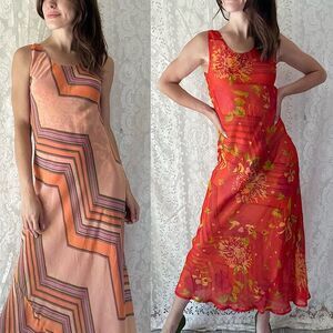 Vintage 90s Tangerine & Red Reversible Floral + Geometric Mesh Maxi Dress